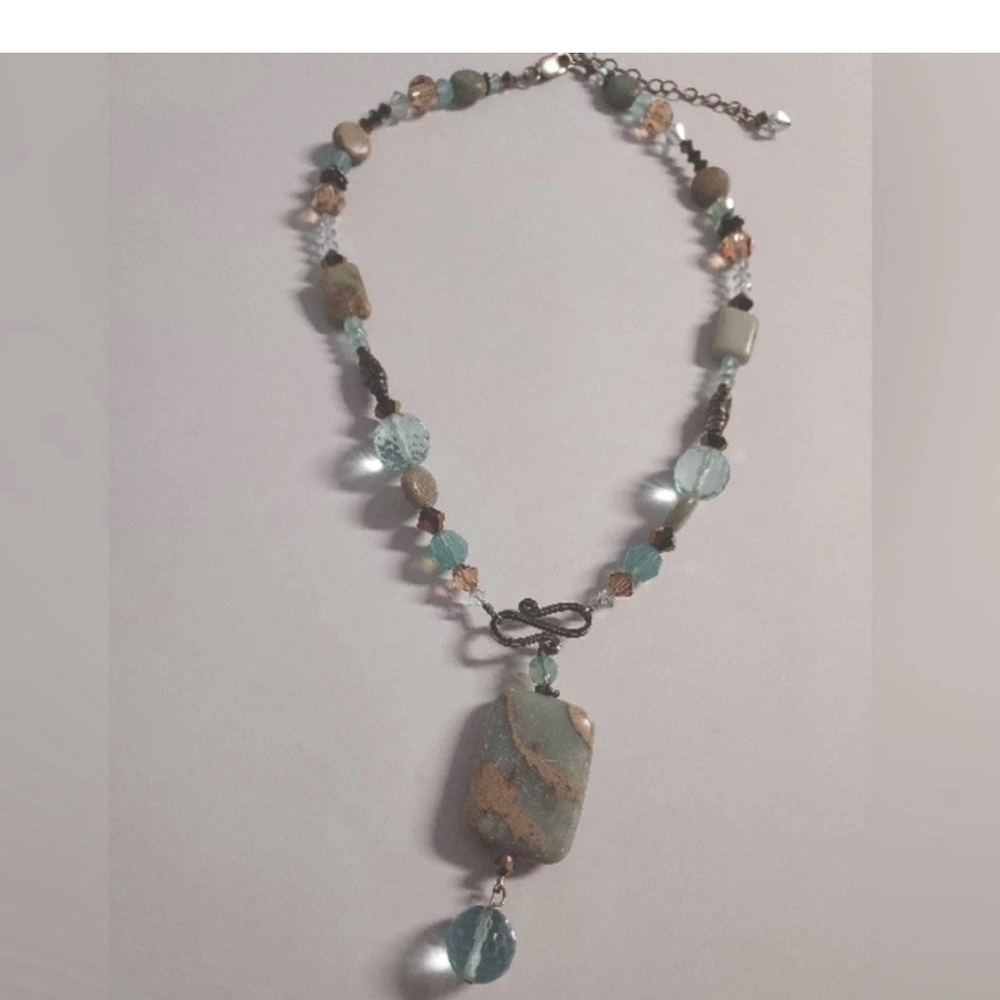 Necklace pale Blue Tan Stones, faceted Blue Glass, Silver, Crystal beads 17-18”